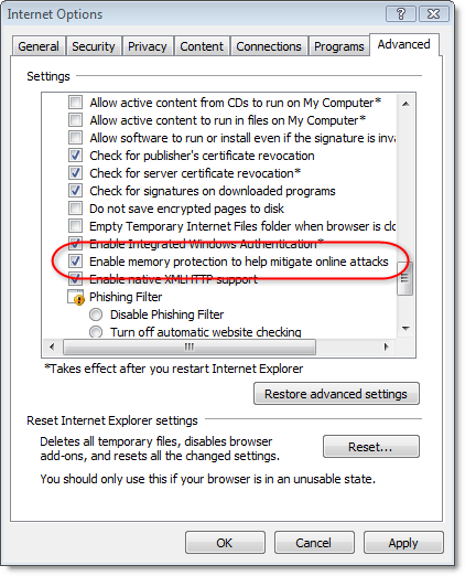 Enabling DEP in IE 7 on Windows Vista