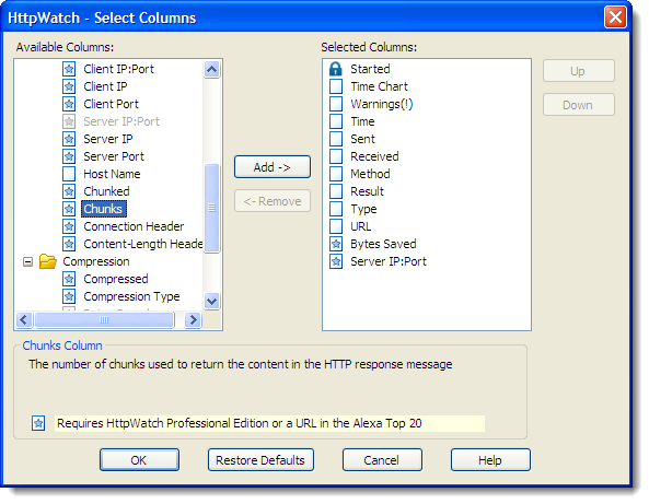 Select Columns in HttpWatch 7.0