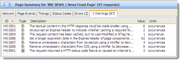 Warnings Summary Tab in HttpWatch 7.0