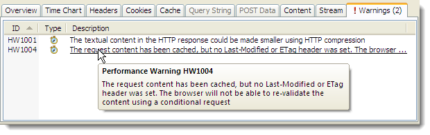 Warnings tab in HttpWatch 7.0