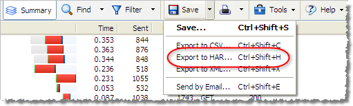 Export to HAR from HttpWatch