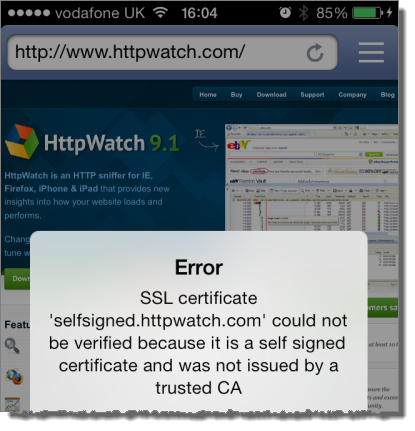 Self-signed error in HttpWatch App